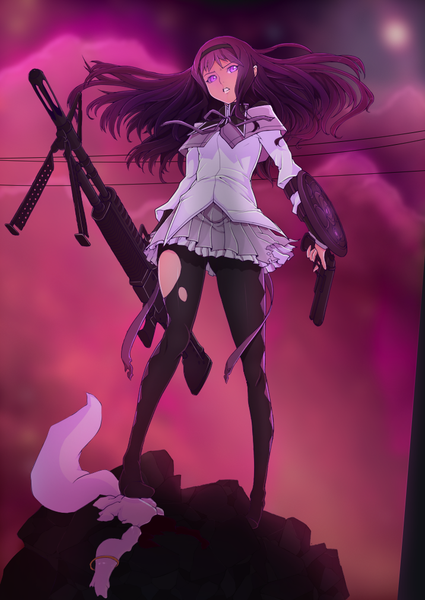 Anime picture 716x1011 with mahou shoujo madoka magica shaft (studio) akemi homura kyuubee eltk single long hair tall image standing purple eyes holding purple hair from below coloring glowing glowing eye (eyes) angry rock torn pantyhose girl