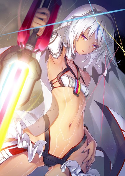 Anime picture 848x1200 with fate (series) fate/grand order altera (fate) nilitsu single tall image looking at viewer short hair light erotic white hair nail polish orange eyes dutch angle hand on hip outstretched arm dark skin flat chest ass visible through thighs serious foreshortening