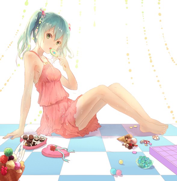 Anime picture 2057x2100 with vocaloid hatsune miku lan jue single long hair tall image looking at viewer blush highres open mouth twintails bare shoulders green eyes barefoot aqua hair arm support armpit (armpits) checkered girl dress