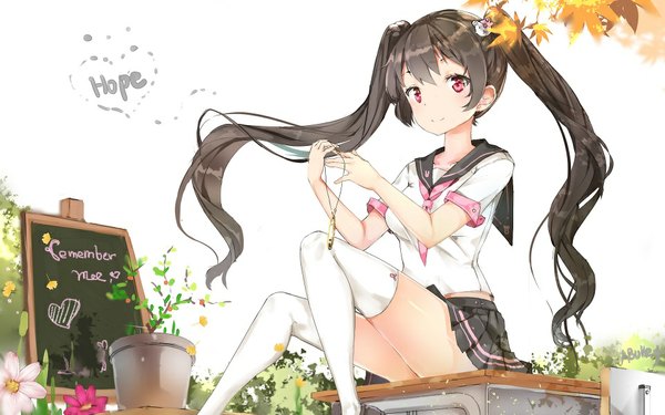 Anime picture 960x600 with original z shichao single long hair looking at viewer fringe breasts black hair simple background smile red eyes white background sitting holding outdoors pleated skirt wind outstretched arm girl thighhighs