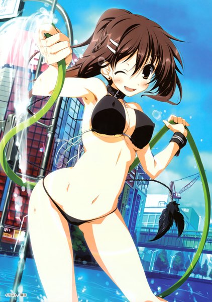 Anime picture 2111x3000 with subarashiki hibi minakami yuki kagome (traumatize) single long hair tall image looking at viewer blush highres breasts open mouth light erotic brown hair brown eyes ponytail one eye closed wink scan girl navel