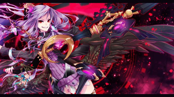 Anime picture 1444x806 with vocaloid yuzuki yukari chikashige single long hair looking at viewer red eyes wide image twintails purple hair tears grin letterboxed black wings girl dress hair ornament wings jacket pendant
