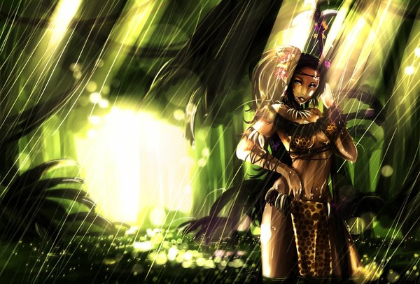 Anime picture 1086x735 with league of legends nidalee (league of legends) single long hair black hair black eyes midriff rain girl navel flower (flowers) tree (trees) water forest