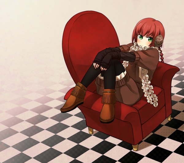 Anime picture 1000x886 with darker than black studio bones suou pavlichenko sabo (fuya 2) single looking at viewer blush short hair green eyes red hair braid (braids) checkered floor girl boots headphones sweater armchair