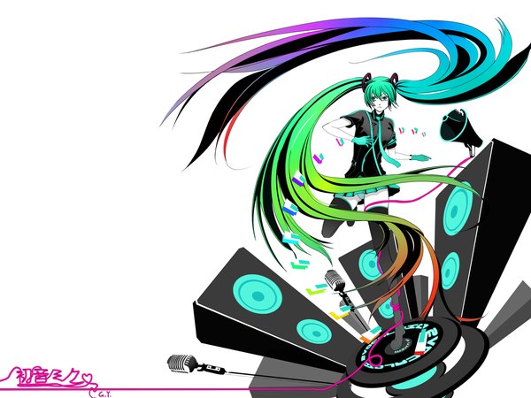 Anime picture 1200x900 with vocaloid koi wa sensou (vocaloid) hatsune miku konata (19850719gyh) single fringe simple background hair between eyes standing white background twintails very long hair multicolored hair aqua eyes pantyshot zettai ryouiki standing on one leg looking up girl thighhighs