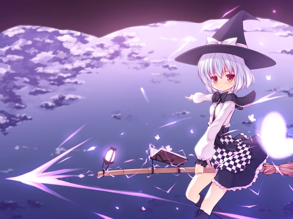 Anime picture 1600x1200 with original yuku (kiollion) looking at viewer blush short hair sky cloud (clouds) white hair loli witch pointing girl dress petals book (books) witch hat broom