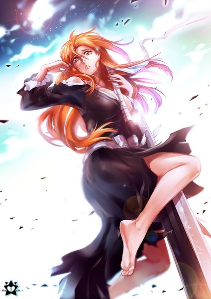 Anime picture 706x1000 with bleach studio pierrot inoue orihime e-x-p-i-e single long hair tall image breasts large breasts holding sky cleavage cloud (clouds) long sleeves barefoot wind sunlight orange hair from below orange eyes