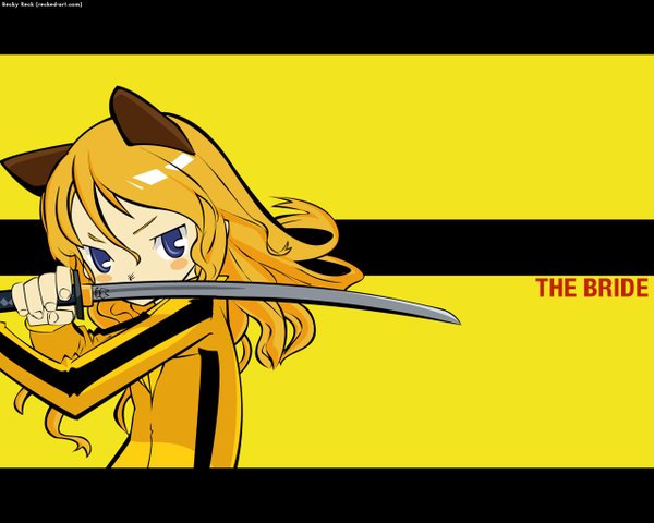 Anime picture 1280x1024 with kill bill kuroboshi kouhaku animal ears cat girl vector cosplay yellow background girl sword