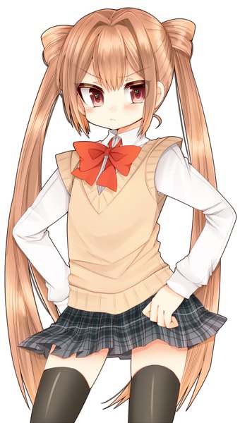 Anime picture 1000x1763 with himegoto (manga) norio kkk tall image blush simple background red eyes brown hair white background twintails very long hair girl thighhighs skirt uniform black thighhighs school uniform miniskirt vest