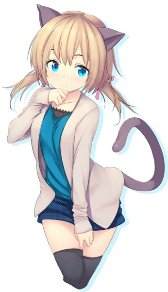 Anime picture 578x1000 with original zizi (zz22) single long hair tall image blue eyes simple background blonde hair smile white background twintails animal ears tail cat ears zettai ryouiki girl thighhighs