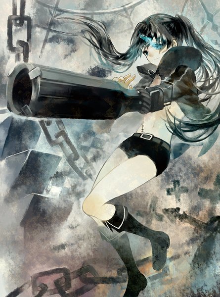 Anime picture 765x1031 with black rock shooter black rock shooter (character) moekon single long hair tall image black hair twintails looking away black eyes bare belly glowing scar glowing eye (eyes) uneven twintails girl weapon jacket shorts boots