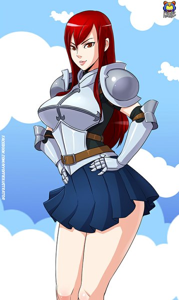 Anime picture 597x1000 with fairy tail erza scarlet kyoffie12 single long hair tall image fringe red eyes red hair lips bare legs hand on hip eyebrows girl skirt belt armor spaulder (spaulders) breastplate