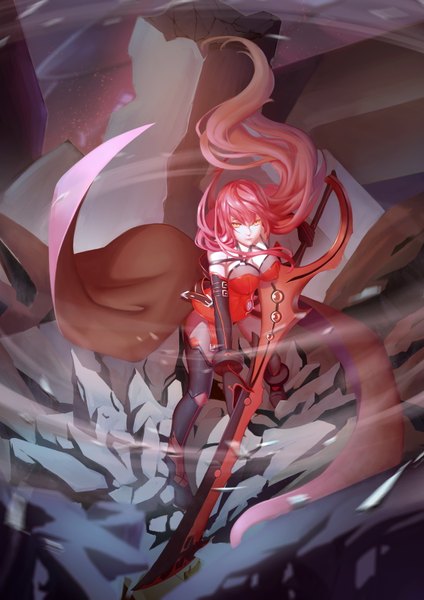 Anime picture 2480x3508 with elsword elesis (elsword) crimson avenger (elsword) gallant99770 single tall image looking at viewer fringe highres breasts light erotic large breasts standing bare shoulders holding yellow eyes pink hair cleavage very long hair from above