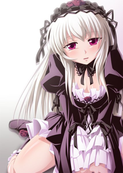 Anime picture 714x1000 with rozen maiden suigintou gucchi single long hair tall image looking at viewer white hair pink eyes girl dress headdress