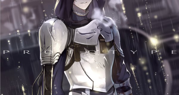 Anime picture 1277x680 with fate (series) fate/prototype arthur pendragon (fate) shijiu (adamhutt) single wide image inscription sparkle dutch angle depth of field rain exhalation head out of frame cropped boy armor hood spaulder (spaulders) breastplate