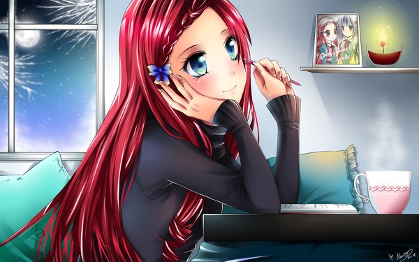 Anime picture 1920x1200 with nami (nyaa) single long hair blush highres blue eyes red hair light smile girl sweater cup room
