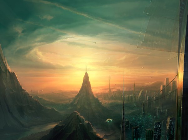 Anime picture 1280x958 with original antifan real (artist) sky city evening sunset mountain science fiction