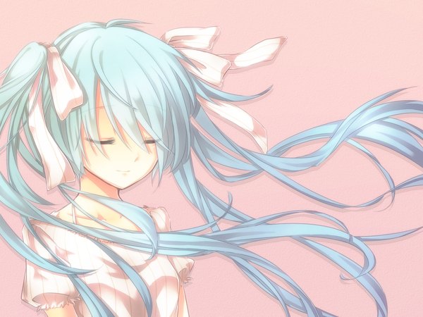 Anime picture 1400x1050 with vocaloid hatsune miku mil2 single long hair blush simple background twintails blue hair ahoge eyes closed light smile wind pink background girl dress ribbon (ribbons) hair ribbon