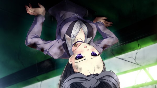 Anime picture 1280x720 with root double fsubakiyama ena long hair blush open mouth black hair wide image purple eyes game cg girl suit