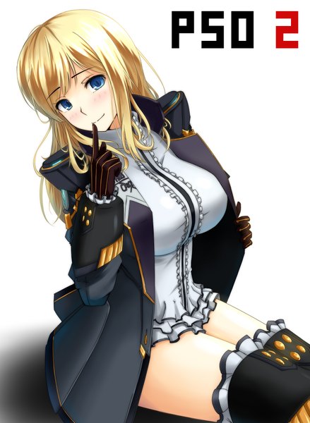 Anime picture 1500x2050 with phantasy star sega gender pirate gayprince single long hair tall image looking at viewer blush blue eyes blonde hair simple background white background sitting girl thighhighs gloves black thighhighs jacket
