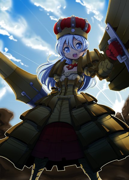Anime picture 689x962 with monster hunter mana12 single long hair tall image looking at viewer blush open mouth blue eyes blue hair sky cloud (clouds) girl weapon armor crown spear shield