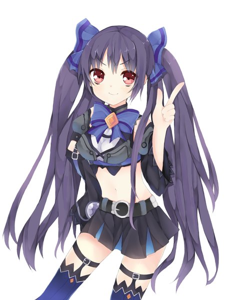 Anime picture 1000x1283 with choujigen game neptune noire yunoha (mawarumi) single long hair tall image black hair simple background smile red eyes white background girl skirt navel bow belt thigh strap