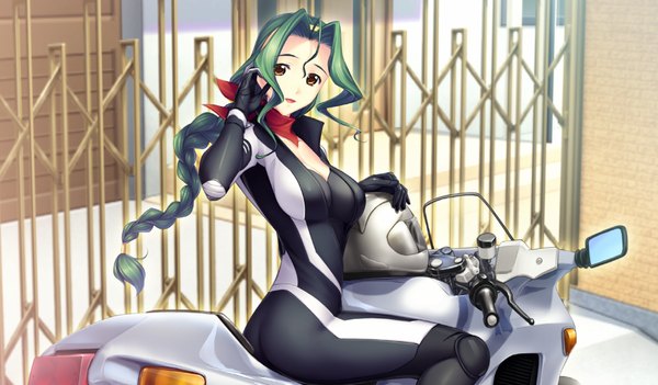 Anime picture 1024x600 with kimi ga ita kisetsu long hair wide image brown eyes game cg braid (braids) green hair girl motorcycle