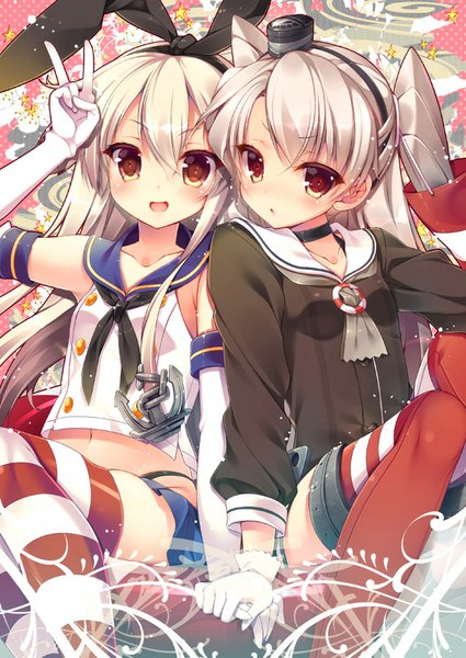 Anime picture 567x800 with kantai collection shimakaze destroyer amatsukaze destroyer mitsumomo mamu long hair tall image blush open mouth smile multiple girls brown eyes silver hair pleated skirt :o two side up holding hands victory girl thighhighs skirt