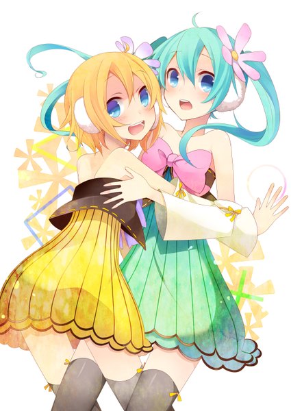 Anime picture 2149x3035 with project diva project diva 2nd vocaloid colorful x melody (vocaloid) hatsune miku kagamine rin temari (deae) long hair tall image looking at viewer blush highres short hair open mouth blue eyes blonde hair smile twintails multiple girls hair flower