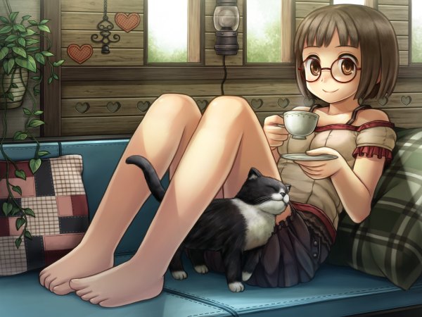 Anime picture 2400x1800 with original namaru (summer dandy) single highres short hair black hair smile bare shoulders brown eyes barefoot reclining girl plant (plants) glasses window heart pillow cat couch cup