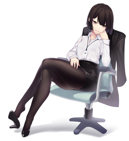 Anime picture 1286x1406 with original dev (dev0614) single tall image looking at viewer blush fringe short hair black hair simple background smile white background sitting brown eyes full body long sleeves parted lips arm support teeth shadow