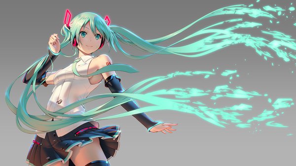 イラスト 1920x1080 と ボーカロイド 初音ミク ピナケス ソロ 長髪 前髪 highres light erotic simple background 笑顔 hair between eyes wide image 立つ ツインテール 肩出し looking away long sleeves pleated skirt aqua eyes aqua hair