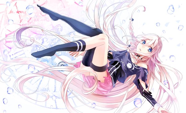 Anime picture 1380x841 with vocaloid ia (vocaloid) kirinosuke single looking at viewer blue eyes blonde hair wide image ahoge braid (braids) very long hair no shoes single braid weightlessness girl thighhighs skirt black thighhighs miniskirt choker