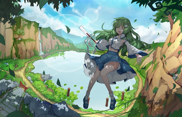 Anime picture 1931x1244 with touhou kochiya sanae leidami single long hair highres open mouth green eyes sky cloud (clouds) full body bent knee (knees) traditional clothes japanese clothes one eye closed green hair wink spread arms mountain ;d