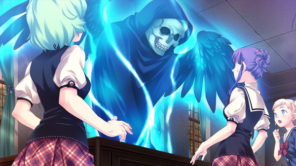 Anime picture 1280x720 with tsubasa o kudasai (game) short hair blonde hair wide image multiple girls game cg purple hair green hair black wings ghost girl wings serafuku 3 girls skull