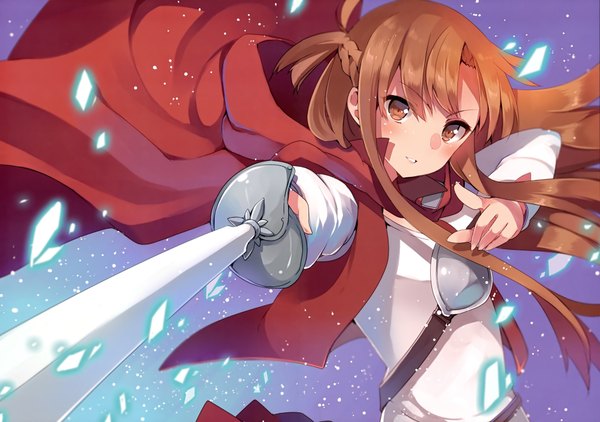 Anime picture 4256x3000 with sword art online a-1 pictures yuuki asuna single long hair looking at viewer highres brown hair brown eyes absurdres girl weapon sword cape