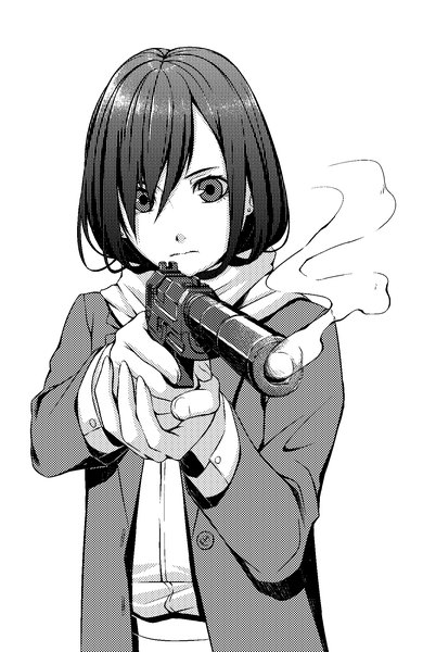Anime picture 1300x2000 with original hamada youho single tall image looking at viewer black hair simple background white background holding open clothes grey eyes monochrome smoke girl weapon earrings scarf gun