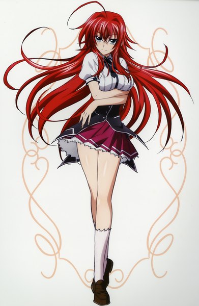 Anime picture 4510x6922 with highschool dxd rias gremory mishima hiroji single long hair tall image looking at viewer highres blue eyes white background absurdres red hair scan official art girl uniform school uniform socks white socks
