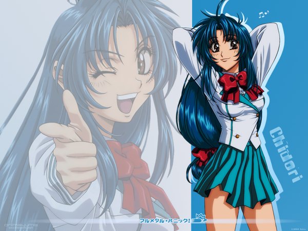 Anime picture 1600x1200 with full metal panic! gonzo chidori kaname single long hair smile brown eyes blue hair pleated skirt one eye closed wink wallpaper copyright name character names low ponytail arms behind head girl skirt uniform school uniform