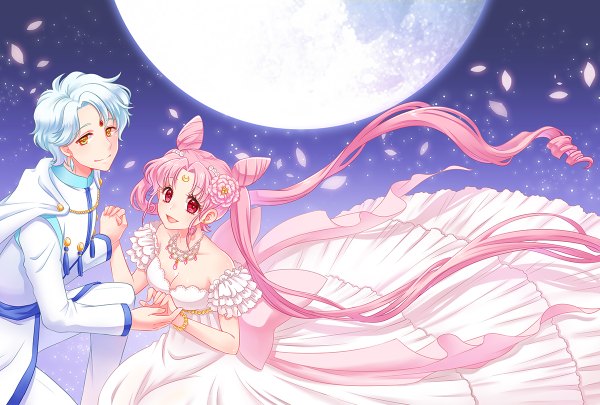 Anime picture 1200x810 with bishoujo senshi sailor moon toei animation chibiusa princess usagi small lady helios nightcat looking at viewer short hair open mouth smile red eyes twintails yellow eyes pink hair silver hair very long hair pink eyes hair flower from above wind