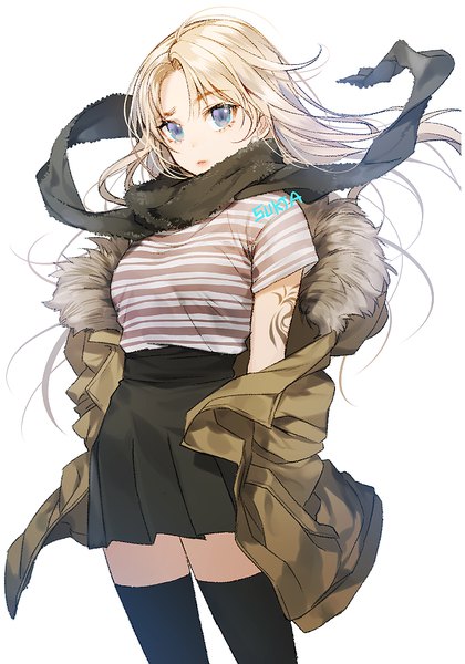Anime picture 700x1000 with original sorolp single long hair tall image blue eyes simple background blonde hair white background looking away pleated skirt wind inscription open jacket tattoo zettai ryouiki striped girl thighhighs skirt