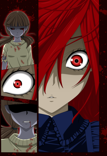 Anime picture 1000x1452 with corpse party akagiri saki yuki (corpse party) flowerinhell long hair tall image looking at viewer fringe short hair breasts simple background red eyes brown hair twintails red hair hair over one eye teeth grin torn clothes black background