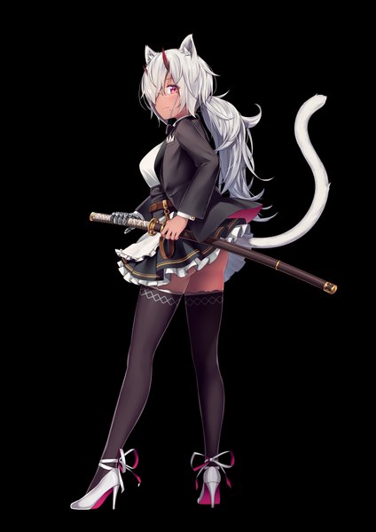 Anime picture 1414x2000 with original ninnzinn single long hair tall image looking at viewer fringe light erotic simple background smile standing animal ears full body ass white hair tail animal tail pleated skirt pink eyes looking back