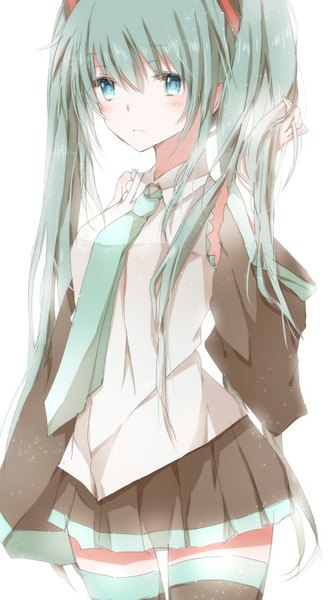 Anime picture 493x892 with vocaloid hatsune miku hiro (hirohiro31) single long hair tall image looking at viewer blush simple background white background twintails pleated skirt aqua eyes aqua hair zettai ryouiki adjusting hair girl skirt hair ornament detached sleeves