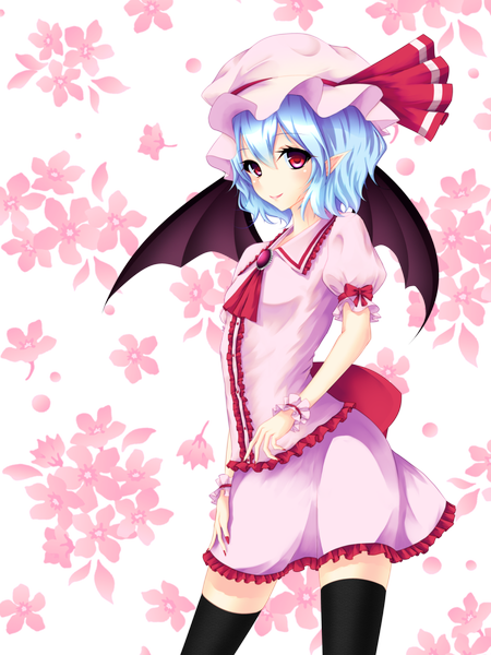 Anime picture 900x1200 with touhou remilia scarlet junior27016 single tall image looking at viewer short hair smile red eyes blue hair pointy ears transparent background girl thighhighs dress skirt black thighhighs wings bonnet skirt set