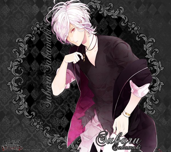 Anime picture 1440x1280 with diabolik lovers idea factory sakamaki subaru single looking at viewer short hair red eyes white hair inscription vampire boy uniform school uniform pendant