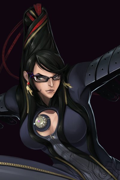 Anime picture 800x1201 with bayonetta bayonetta (character) single long hair tall image breasts black hair simple background looking away mole grey eyes dark background spread arms mole under mouth girl earrings glasses bodysuit