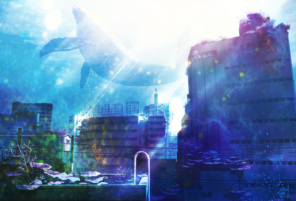 Anime picture 1000x680 with original mocha (cotton) signed sunlight city cityscape underwater scenic plant (plants) animal building (buildings) power lines whale coral abandoned building