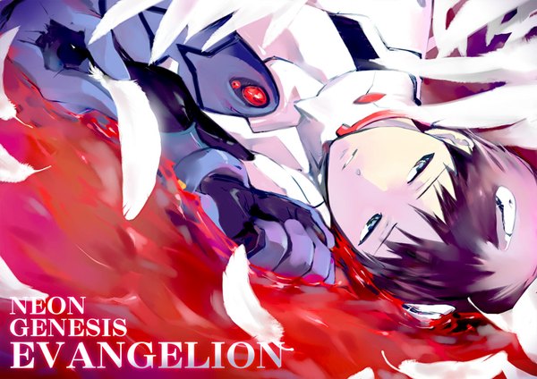 Anime picture 1130x800 with neon genesis evangelion rebuild of evangelion evangelion: 2.0 you can (not) advance gainax ikari shinji mino (artist) short hair blue eyes purple hair boy blood feather (feathers) pilot suit