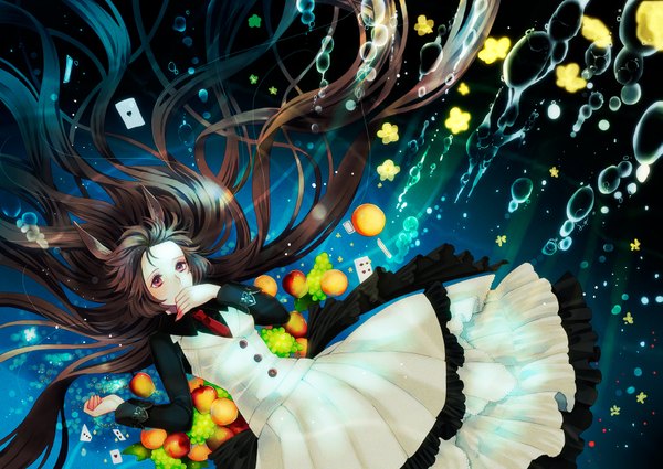 Anime picture 1693x1200 with original sudou kira single looking at viewer red eyes brown hair animal ears very long hair dark background underwater girl dress bubble (bubbles) fruit card (cards) apple